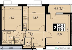 Планировка двухкомнатной(квартира) площадью 59.1 квадратных метров в “ЖК ЮЖНАЯ БИТЦА”