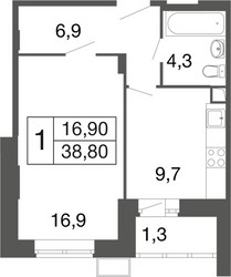 Планировка однокомнатной(квартира) площадью 39 квадратных метров в ЖК “ЖК Времена года”