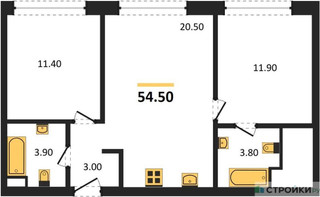 Планировка двухкомнатной(квартира) площадью 54.5 квадратных метров в “ЖК Wave (Вейв)”