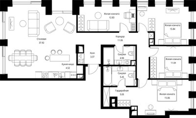 Планировка 4+ комнатной(квартира) площадью 127.04 квадратных метров в ЖК “ЖК Сити Бэй”