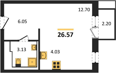 Планировка студии(квартира) площадью 26.57 квадратных метров в ЖК “Квартал Сабурово”