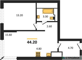 Планировка однокомнатной(квартира) площадью 44.5 квадратных метров в “ЖК VERY на Миклухо-Маклая (Вери на Миклухо-Маклая)”
