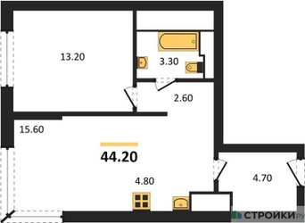 Планировка однокомнатной(квартира) площадью 44.5 квадратных метров в ЖК “ЖК VERY на Миклухо-Маклая (Вери на Миклухо-Маклая)”