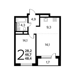 Планировка двухкомнатной(квартира) площадью 48.4 квадратных метров в ЖК “Новые Ватутинки. Заречный”