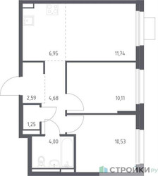 Планировка двухкомнатной(квартира) площадью 51.85 квадратных метров в ЖК “ЖК Прибрежный Парк”