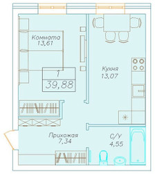 Планировка однокомнатной(квартира) площадью 39.88 квадратных метров в ЖК “на Микояна, 54-57”