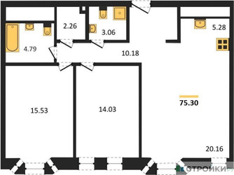 Планировка двухкомнатной(квартира) площадью 75.3 квадратных метров в “ЖК GloraX Premium Белорусская (Глоракс Премиум)”