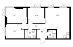 Планировка трехкомнатной(квартира) площадью 74.9 квадратных метров в “ЖК Руставели 14”