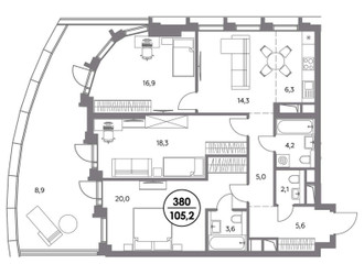 Планировка трехкомнатной(квартира) площадью 105.2 квадратных метров в ЖК “ЖК Дом 56”