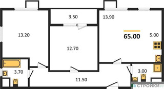 Планировка двухкомнатной(квартира) площадью 65 квадратных метров в “ЖК ЮЖНАЯ БИТЦА”