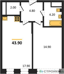 Планировка однокомнатной(квартира) площадью 43.9 квадратных метров в ЖК “ЖК Переделкино Ближнее”