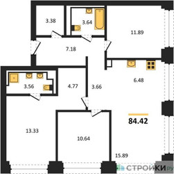 Планировка трехкомнатной(квартира) площадью 84.42 квадратных метров в ЖК “ЖК NOVA (Нова)”