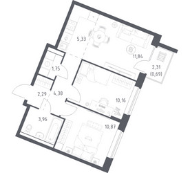 Планировка двухкомнатной(квартира) площадью 51.27 квадратных метров в ЖК “ЖК Квартал Западный”