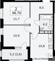 Планировка двухкомнатной(квартира) площадью 48.7 квадратных метров в “ЖК Дзен-кварталы”