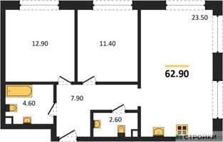 Планировка двухкомнатной(квартира) площадью 62.9 квадратных метров в “ЖК ЗИЛАРТ”