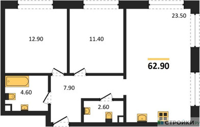 Планировка двухкомнатной(квартира) площадью 62.9 квадратных метров в ЖК “ЖК ЗИЛАРТ”