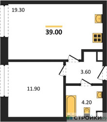 Планировка однокомнатной(квартира) площадью 39 квадратных метров в ЖК “ЖК ЗИЛАРТ”