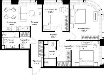 Планировка трехкомнатной(квартира) площадью 84.73 квадратных метров в ЖК “ЖК Веер”