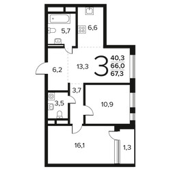 Планировка трехкомнатной(квартира) площадью 67.4 квадратных метров в ЖК “Новые Ватутинки. Заречный”
