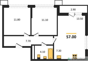 Планировка двухкомнатной(квартира) площадью 57 квадратных метров в ЖК “ЖК Родные кварталы”