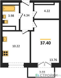 Планировка однокомнатной(квартира) площадью 37.4 квадратных метров в ЖК “ЖК Одинбург”