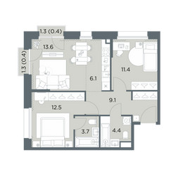 Планировка трехкомнатной(квартира) площадью 61.6 квадратных метров в ЖК “ЖК Станиславский”