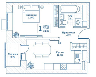 Планировка однокомнатной(квартира) площадью 34 квадратных метров в ЖК “ЖК Новоград Монино”