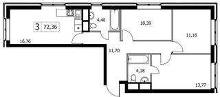 Планировка трехкомнатной(квартира) площадью 72.36 квадратных метров в “ЖК Городские Истории”