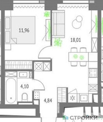 Планировка однокомнатной(квартира) площадью 38.91 квадратных метров в ЖК “ЖК Upside Towers (Апсайд Тауэрс)”