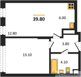 Планировка однокомнатной(квартира) площадью 39.8 квадратных метров в ЖК “ЖК Переделкино Ближнее”