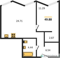 Планировка однокомнатной(апартаменты) площадью 49.88 квадратных метров в “ЖК Insider (Инсайдер)”