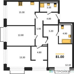 Планировка трехкомнатной(квартира) площадью 81 квадратных метров в ЖК “ЖК Равновесие”