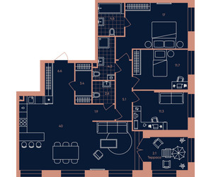Планировка 4+ комнатной(квартира) площадью 112.2 квадратных метров в ЖК “Квартал Эра”