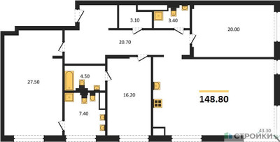 Планировка трехкомнатной(квартира) площадью 148.8 квадратных метров в ЖК “ЖК Vnukovo Country Club (Внуково Кантри Клаб)”