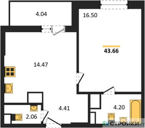 Планировка однокомнатной(квартира) площадью 43.66 квадратных метров в ЖК “ЖК Светлый мир Станция Л”