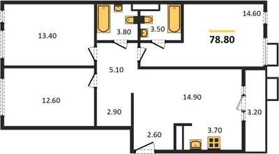 Планировка трехкомнатной(квартира) площадью 78.8 квадратных метров в ЖК “Прокшино”