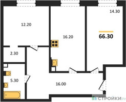 Планировка двухкомнатной(квартира) площадью 66.3 квадратных метров в “ЖК Детали”