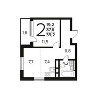 Планировка двухкомнатной(квартира) площадью 39.2 квадратных метров в “Новые Ватутинки. Заречный”