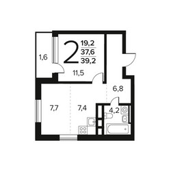 Планировка двухкомнатной(квартира) площадью 39.2 квадратных метров в ЖК “Новые Ватутинки. Заречный”