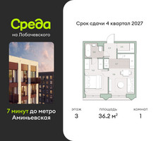 Планировка однокомнатной(квартира) площадью 36.2 квадратных метров в “ЖК Среда на Лобачевского”