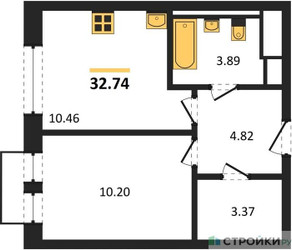 Планировка однокомнатной(квартира) площадью 32.74 квадратных метров в ЖК “ЖК Молжаниново”