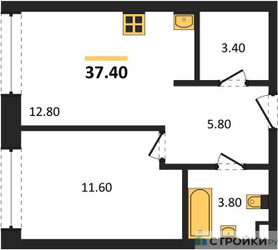 Планировка однокомнатной(квартира) площадью 37.4 квадратных метров в ЖК “ЖК Portland (Портланд)”