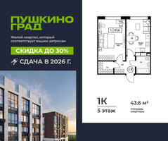 Планировка однокомнатной(квартира) площадью 43.6 квадратных метров в “ЖК Пушкино Град”