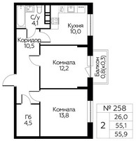 Планировка двухкомнатной(квартира) площадью 55.9 квадратных метров в “ЖК Цветочные Поляны Сити”