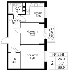 Планировка двухкомнатной(квартира) площадью 55.9 квадратных метров в ЖК “ЖК Цветочные Поляны Сити”