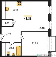 Планировка однокомнатной(квартира) площадью 43.38 квадратных метров в “ЖК Новоград Павлино”