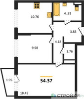 Планировка двухкомнатной(квартира) площадью 54.37 квадратных метров в “ЖК Квартал Авиаторов”