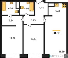 Планировка двухкомнатной(квартира) площадью 68.9 квадратных метров в “ЖК Собрание клубных домов West Garden (Вест Гарден)”