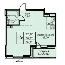 Планировка однокомнатной(апартаменты) площадью 39.2 квадратных метров в ЖК “ЖК Кашинцево”