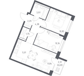 Планировка двухкомнатной(квартира) площадью 53 квадратных метров в ЖК “ЖК Квартал Западный”